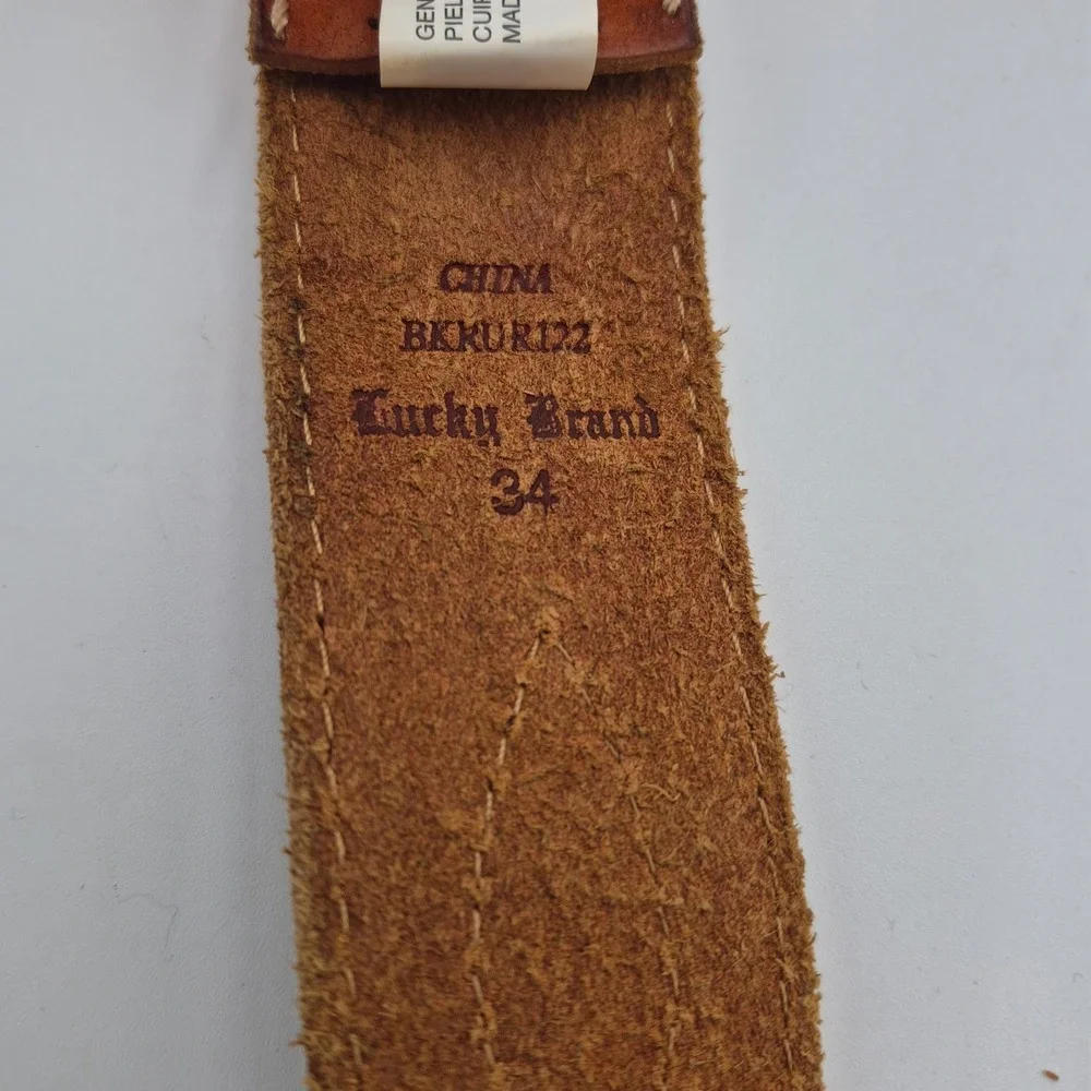 Lucky Brand Mens Brown Leather Belt Triple Stitch Brass Buckle BKRUR122 Size 34